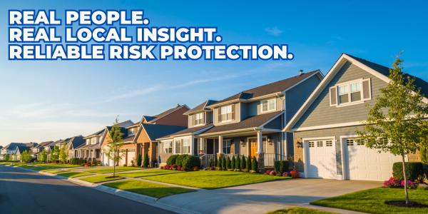 Sunny suburban neighborhood with modern houses and manicured lawns. Bold text: "Real People. Real Local Insight.